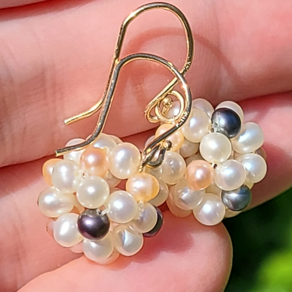 14kt gold natural cluster pearl dangle earrings